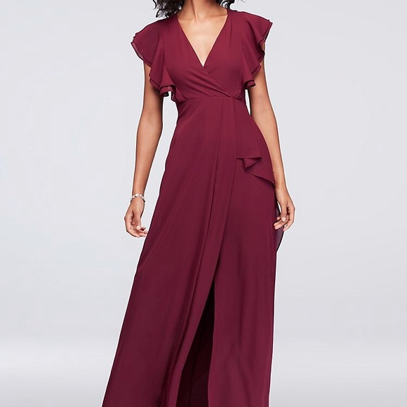 flutter sleeve georgette wrap bridesmaid dress